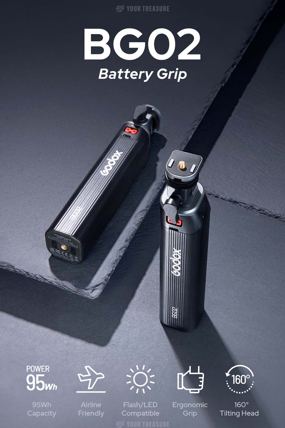 Godox BG02 バッテリーグリップ 14.4V 6600mAh 95.04Wh 1/4インターフェース 160度