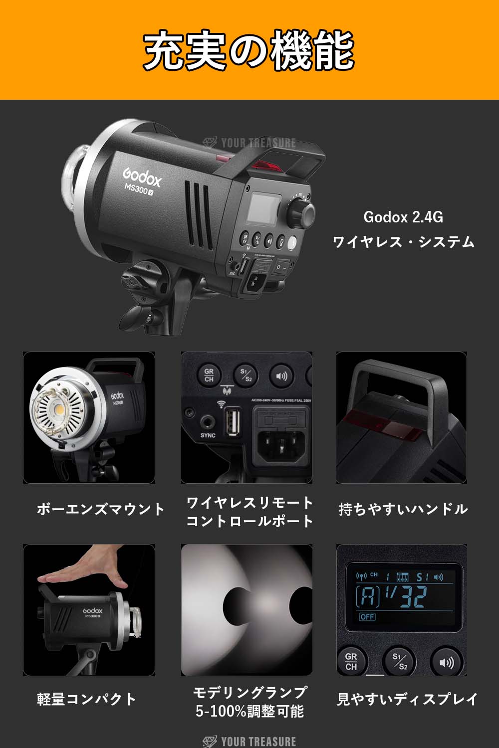 【アウトレット品】Godox MS300-V MS300V スタジオフラッシュ 300Ws GN58 110V 2.4G Bowensマウント 5600±200K 150Wモデリングランプ 日本語説明書 変換タップ クロス付